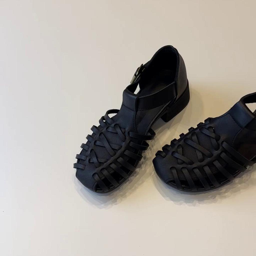 Sheepskin Version~ Retro Niche Design Strap Woven Shoes Soft Sole Hollow Bag Head Medium Heel Roman Women's Sandals