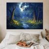2D Fantasy Firefly Photography Background, Dreamy Night Forest with Glowing Lights and Winding Stream Backdrop