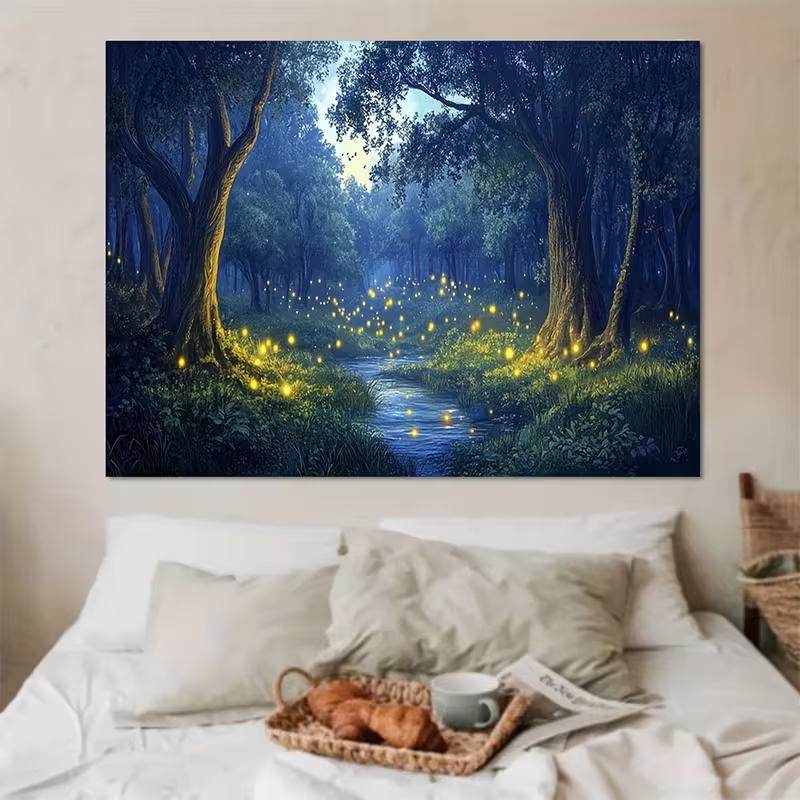 2D Fantasy Firefly Photography Background, Dreamy Night Forest with Glowing Lights and Winding Stream Backdrop