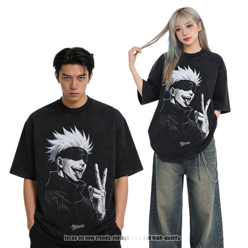 Washed And Old Short-Sleeved T-Shirt For Men And Women, Retro Animation Printing Loose Couple Trend Half-Sleeved Crew Neck Top