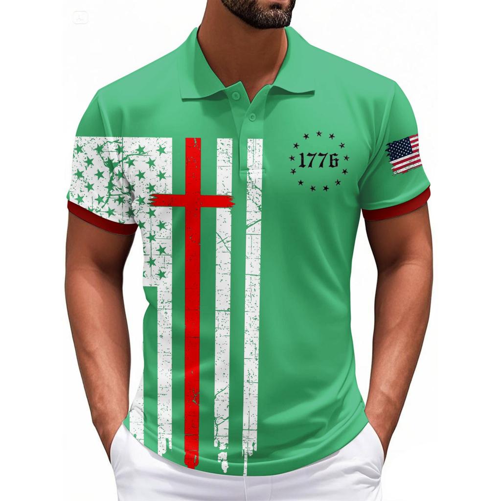 Fashionable Men's Casual Independence Day Printed Neck Short Sleeve Top