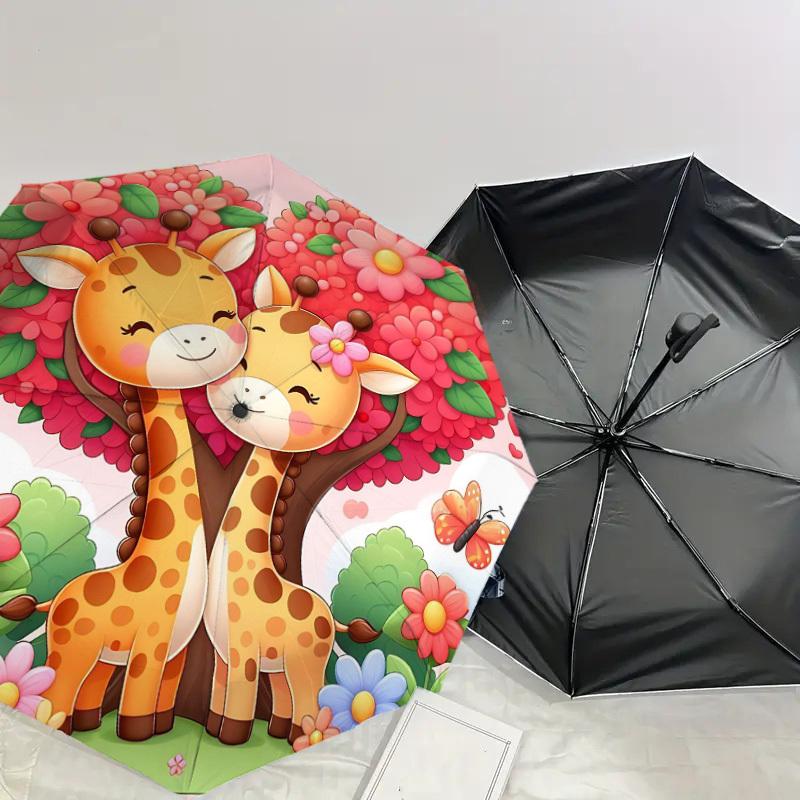 1pc Giraffe Love Automatic Open/Close Umbrella Compact Folding Umbrella with 8-Rib Shaft for Women/Men, Portable Travel Umbrella,1144S