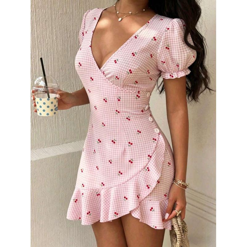 European summer new French design age-reducing cherry print V-neck ruffle edge dress