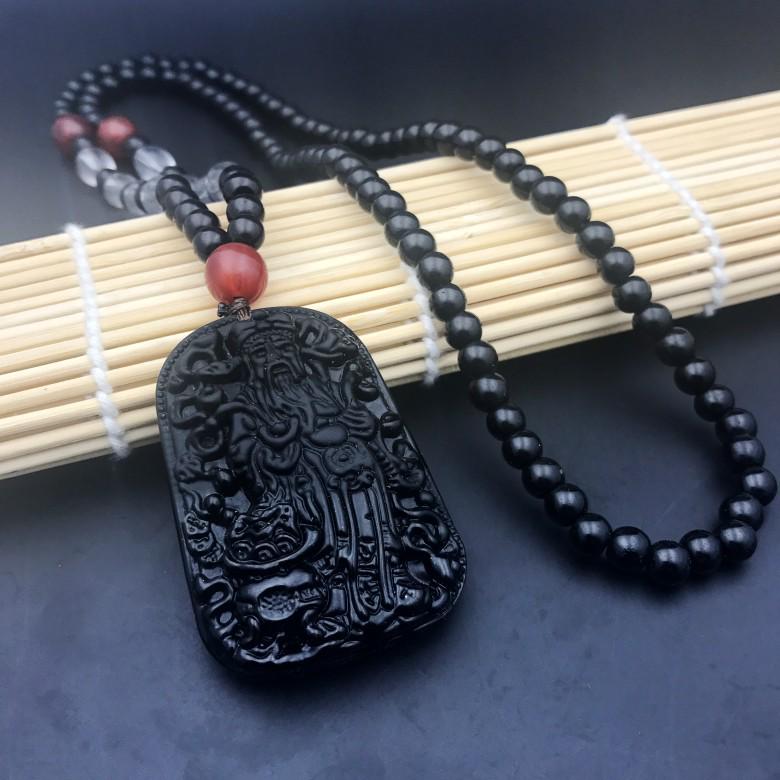 Men's Domineering Pixiu & Dragon Necklace with Guan Yu Pendant - Imitation Obsidian Couples Gift