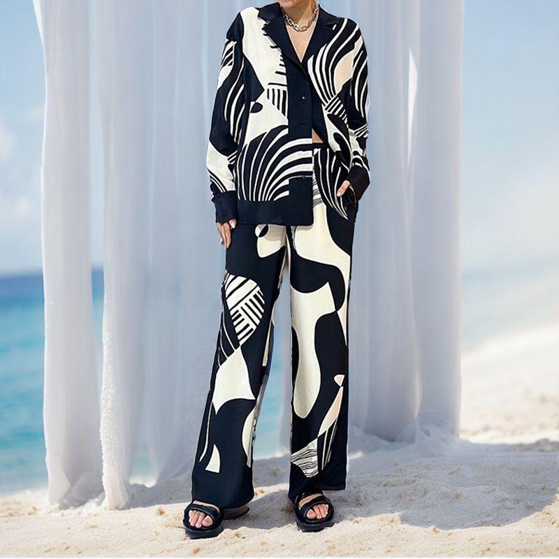 

2024 European and American Women s Clothing Fall New Arrival Elegant Elegant Trendy Print Long Sleeves Pants Casual Fashion Set Black Print S