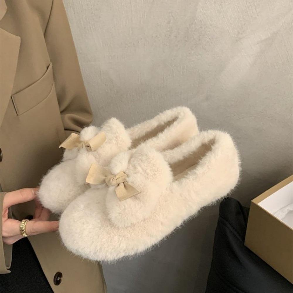 Fashion Fur Flats Women Winter Casual Boots Bow Warm New Walking Shoes New Fashion Brand Short Plush Round Toe Female Cozy Simple