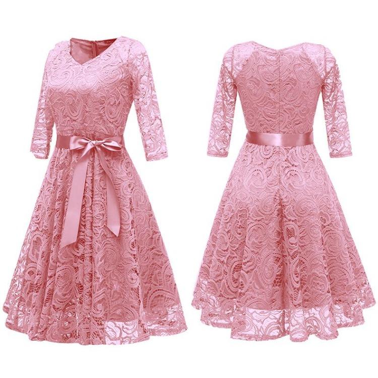 Vintage Floral Lace Bridesmaid Dress 3 4 Sleeve A Line with Ribbon Belt Tea Length Cocktail Party Evening Occasion Outfit Day Wear