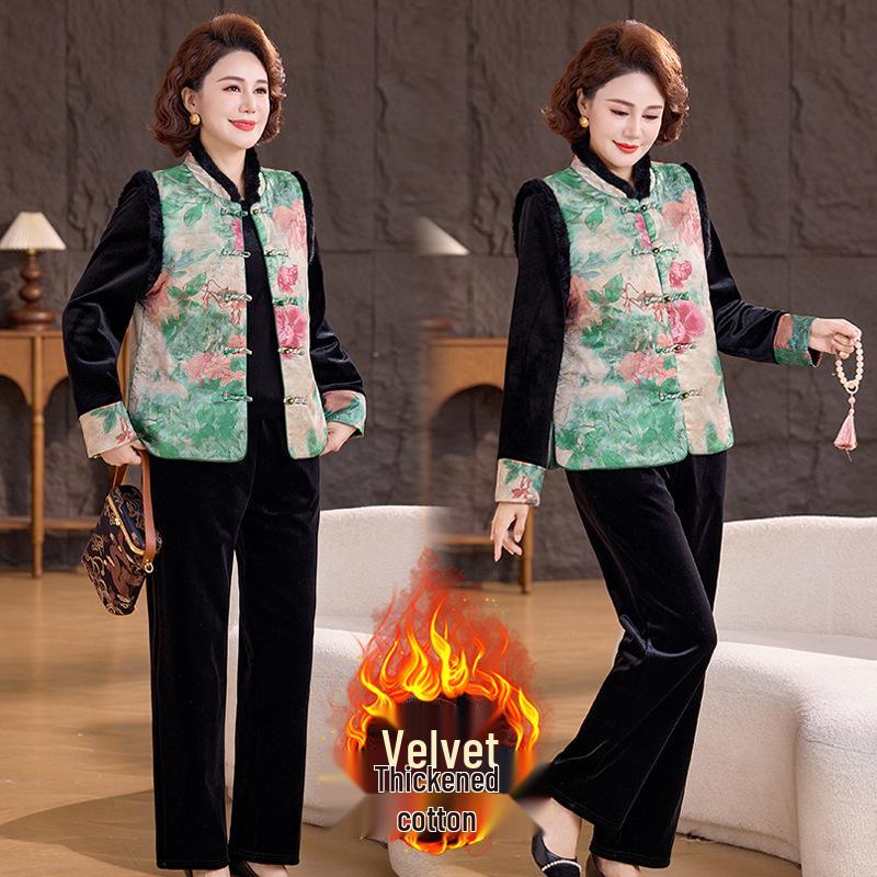 

New Chinese-Style Winter Vest Suit: 3-Piece Gold Velvet Set for Middle-Aged Women XXXL recommended for 125-135 jin зелений