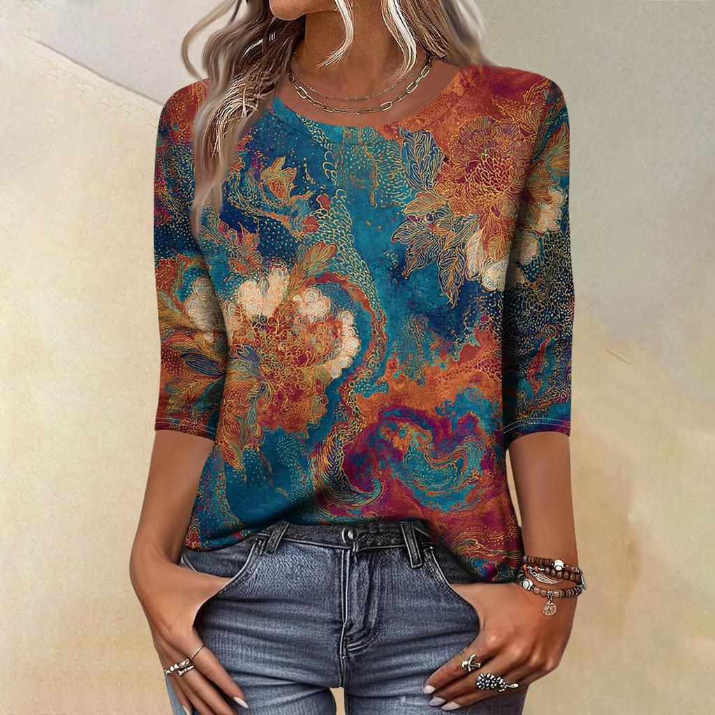 Trendy Vintage 3/4 Sleeve Top For Women ,Ladies Casual Three Quarter Sleeve Round Collar Printed T-Shirt Blouse