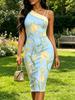Light Blue Yellow Tulip Floral Print One Shoulder Spaghetti Strap Bodycon Midi Dress Womens Casual Party Dress
