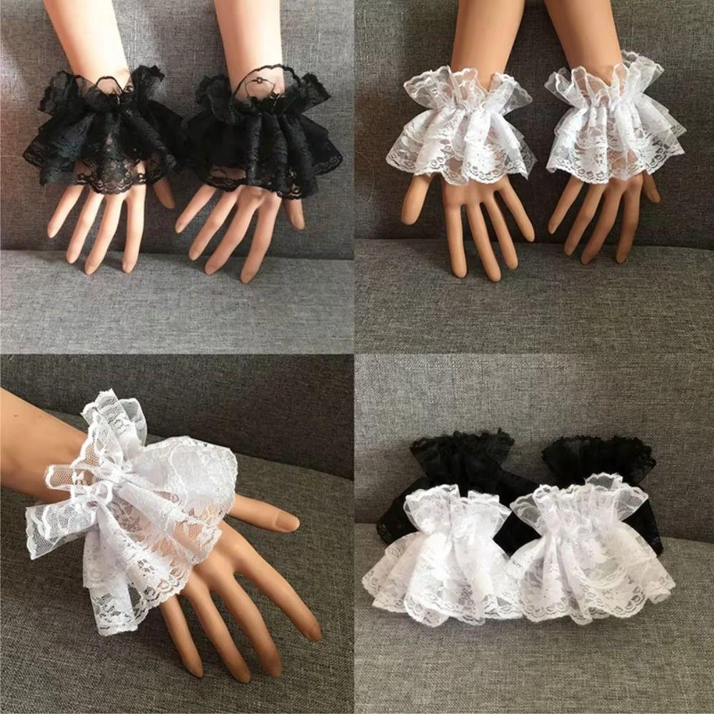 Lolita Hand Sleeve Detachable Sleeves Cuffs Ruffles Solid Color Lace Wrist Cuffs Elastic Floral Lace Sleeve Gloves