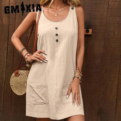Summer U-Neck Solid Colour Sleeveless Back Ruffle Midi Dress Women Cotton
