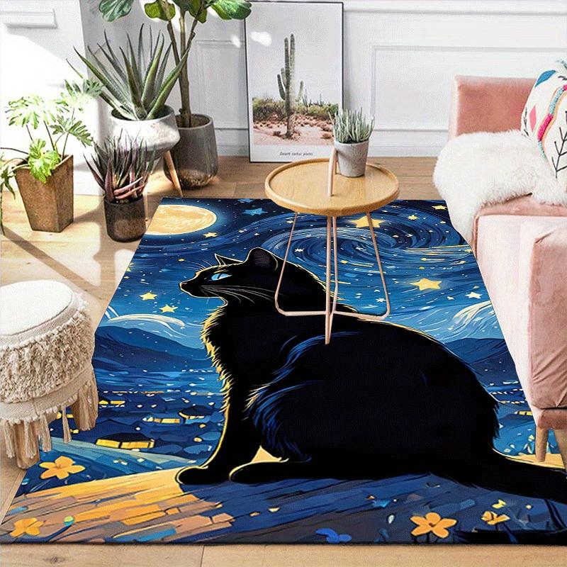 1pc Black cat and starry sky Design Indoor Area Rug - Soft, Anti-Slip, and Durable Gaming Room Decor for Bedroom