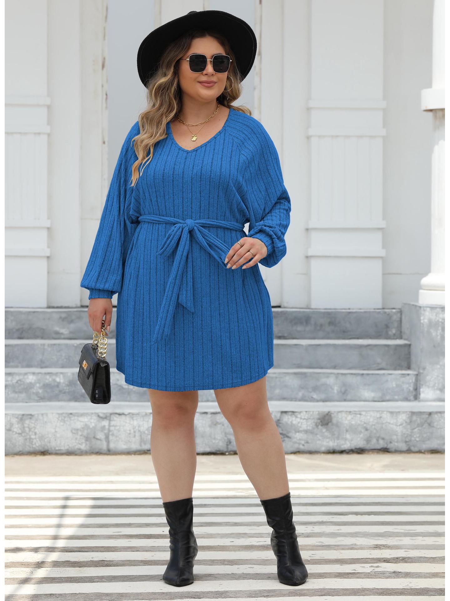 

2025 Women s Plus Size Ribbed V-neck Strappy Knit Dress - Casual and Stylish 3XL синій