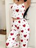 Dames Zomer Casual Hartjespatroon Rode Ruche Camisole + Rode Hartjesprint Lange Broek Pyjamaset
