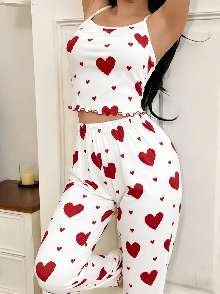 Dames Zomer Casual Hartjespatroon Rode Ruche Camisole + Rode Hartjesprint Lange Broek Pyjamaset