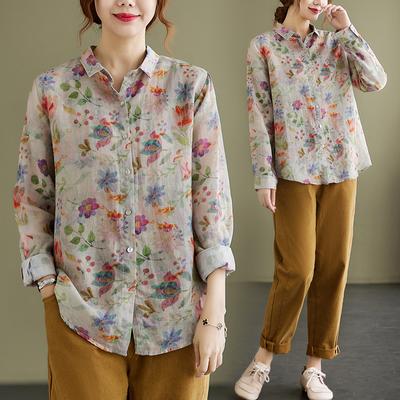 Spring Cotton and Linen Retro Loose Long Sleeved Collared Shirt Top for Women