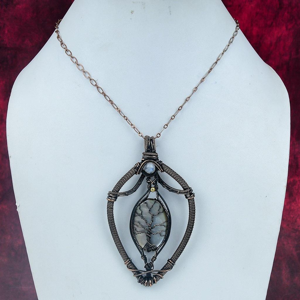 Tree Of Life Black Mother Of Pearl Pendant Copper Wire Wrapped Jewelry Rainbow Moonstone Pendant