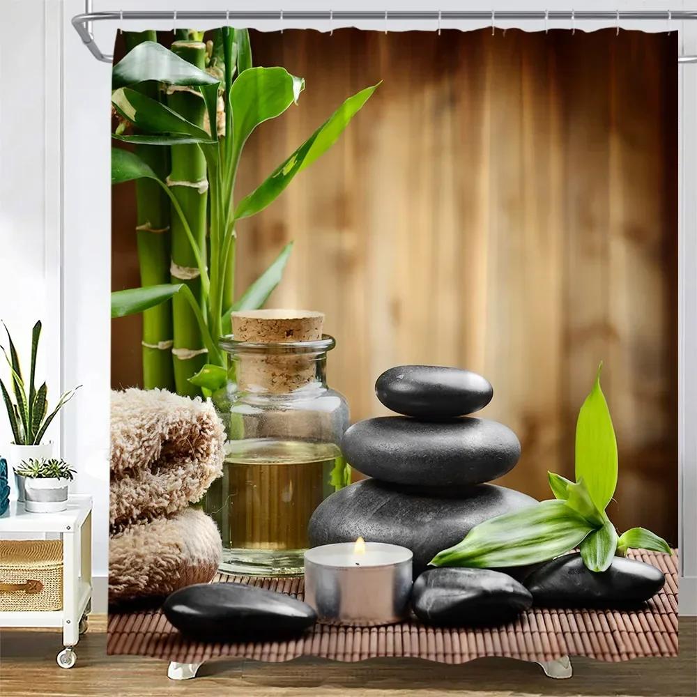 Zen Green Bamboo Shower Curtain Pink Flower Plant Black Stone Spa Garden Scenery Wall Hanging Fabric Bathroom Decor Curtains Set