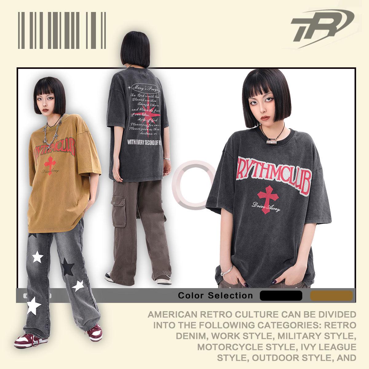 

TRYTHMCLUB Trendy European & American Washed Pullover T-shirt - Cool Letter Design, Short-Sleeved, Casual Fit for Couples M (for 35-55 kg) коричневий