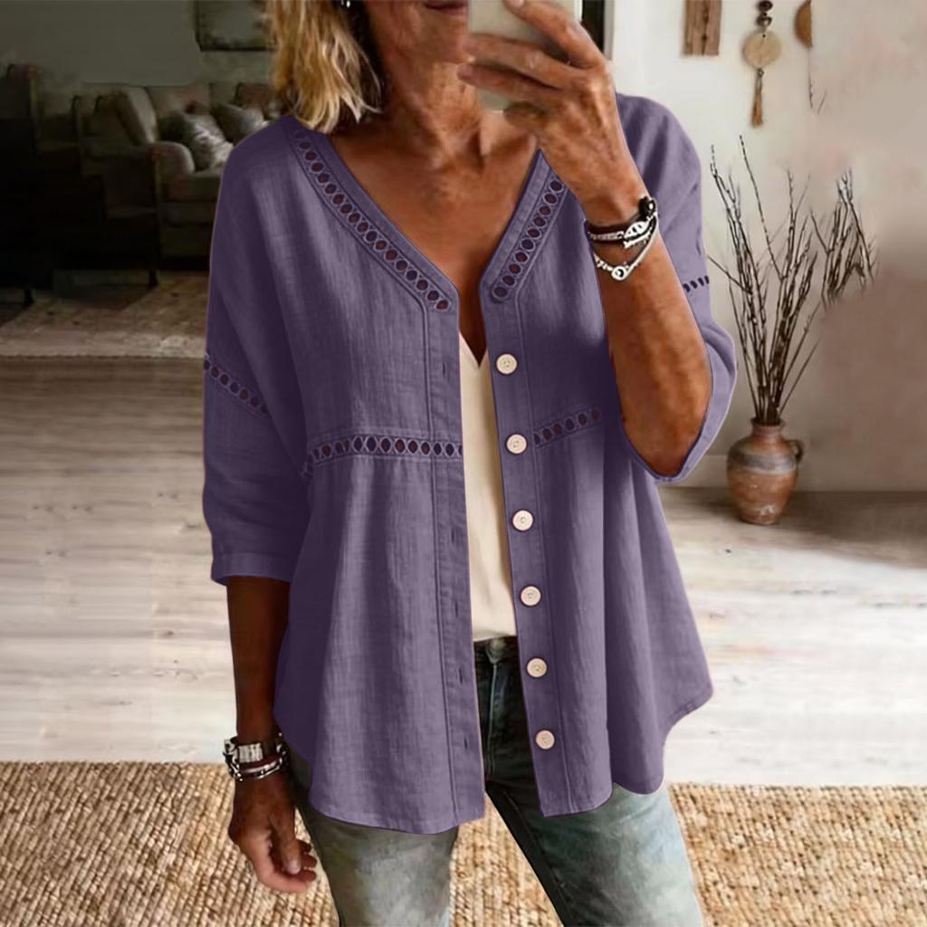 Damen Button-Down Leinenhemden 3/4 Ärmel V-Ausschnitt Lochstickerei Blusen Lässige Baumwolle Hohlstrick Boho Tops