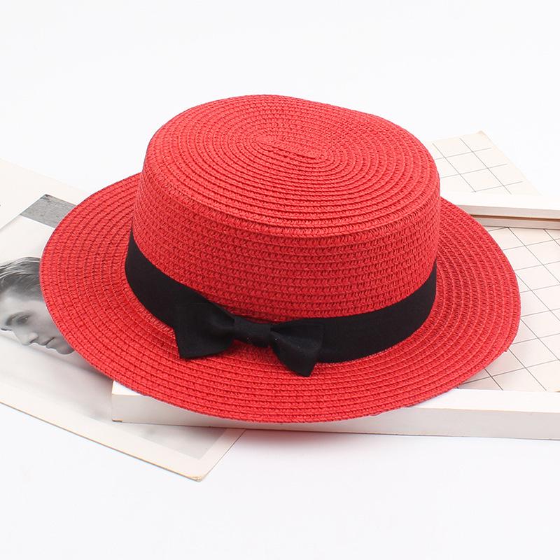 Korean Straw Hat - Retro Bow Flat Top Fedora for Spring & Summer Beach Days