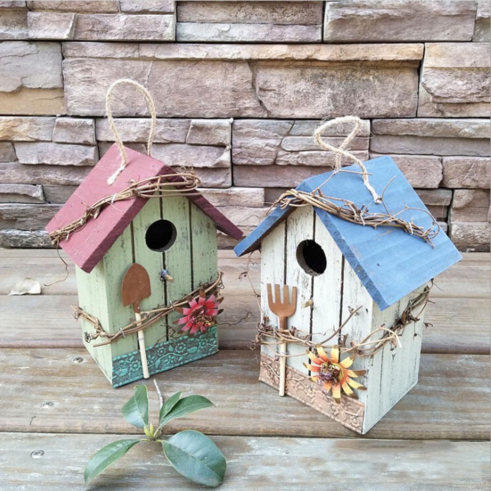 Hanging Bird House Decor Wooden Red Roof Hanging Birdhouse Decorative Outdoor Garden
