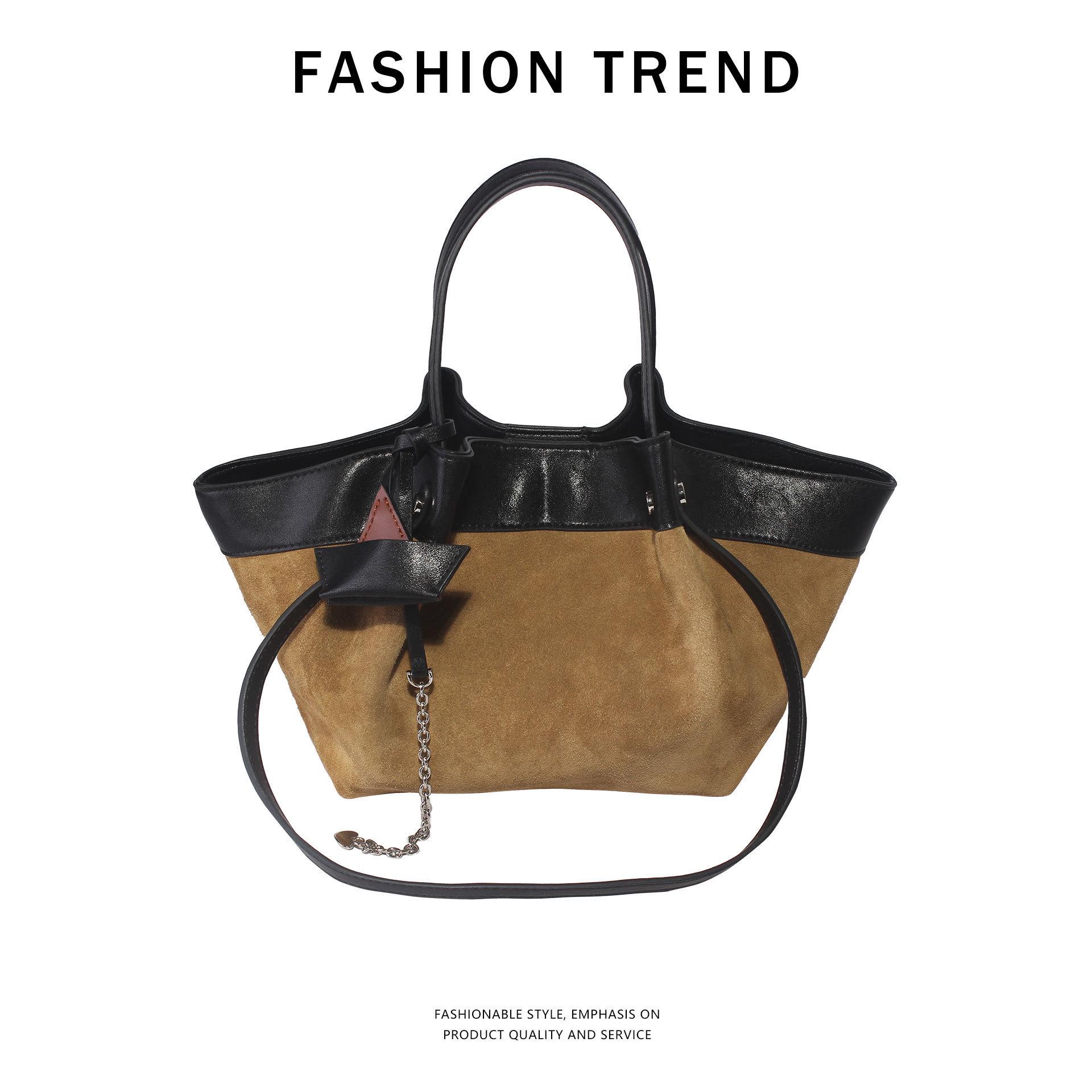 

2025 Summer Women s Leather Pleated Tote Bag - Large Capacity Shoulder Handbag Brown with Black (Suede)