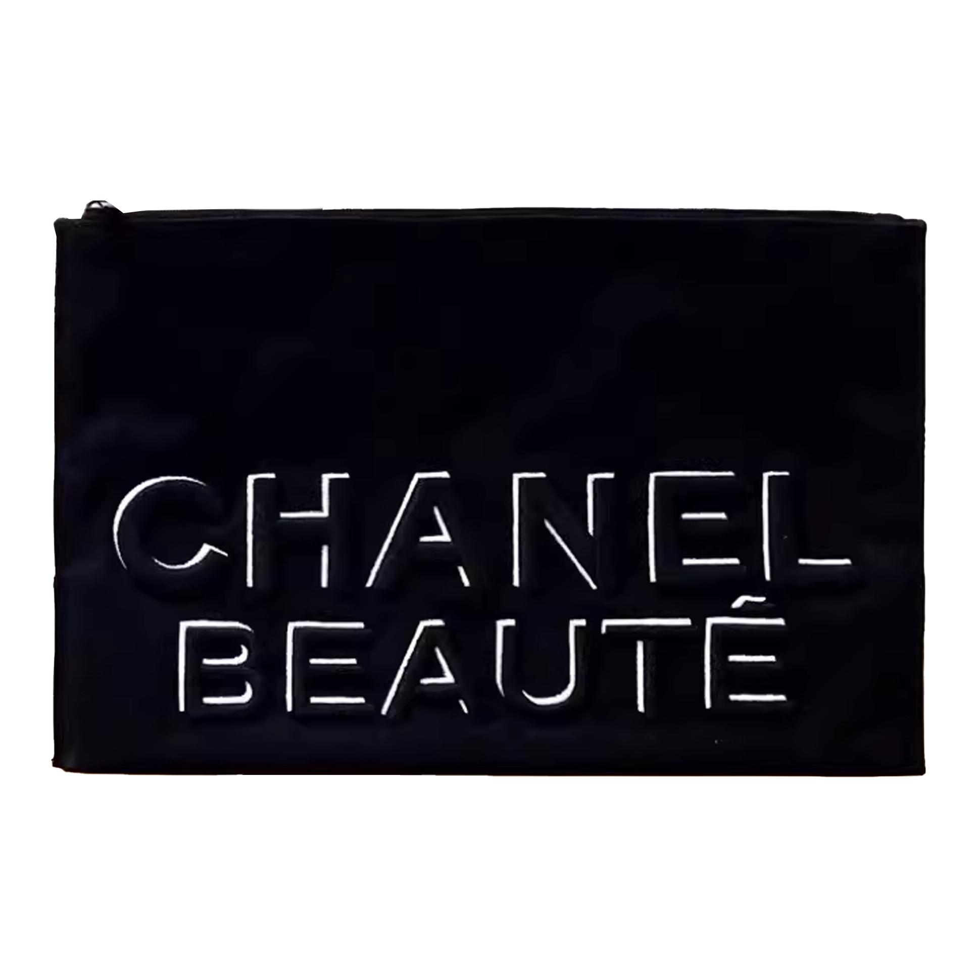 CHANEL BEAUTE Black Embroidered Canvas Pouch Black