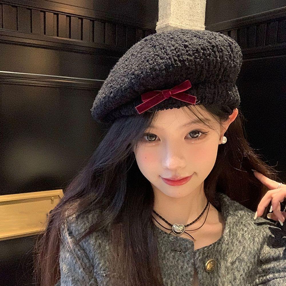 Retro Bow Women Beret Adjustable Sweet Newsboy Cap Lamb Girls Painter Hat Autumn And Winter