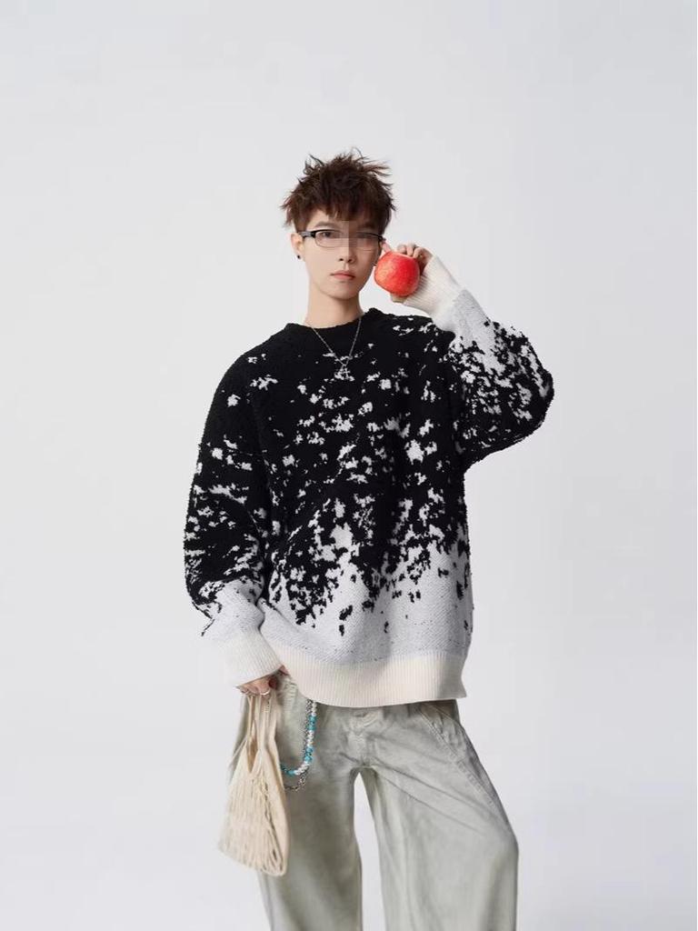 Men's Trendy Red Gradient Snowflake Sweater - Loose Fit, Casual Round Neck, Long Sleeve, Color Block Knitted Top