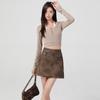 T98 Brown High-Waisted Leather Midi Skirt - Retro Distressed Style for Autumn/Winter