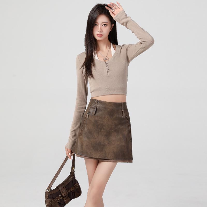 T98 Brown High-Waisted Leather Midi Skirt - Retro Distressed Style for Autumn/Winter