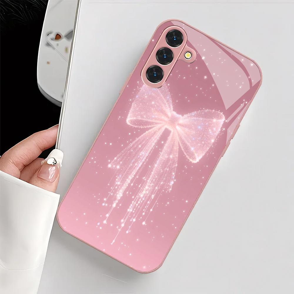 Pink bow design glass phone case suitable for Samsung Galaxy S26 S25 S24 S23 S22 S21 S20 FE/Ultra/Plus shockproof back cover