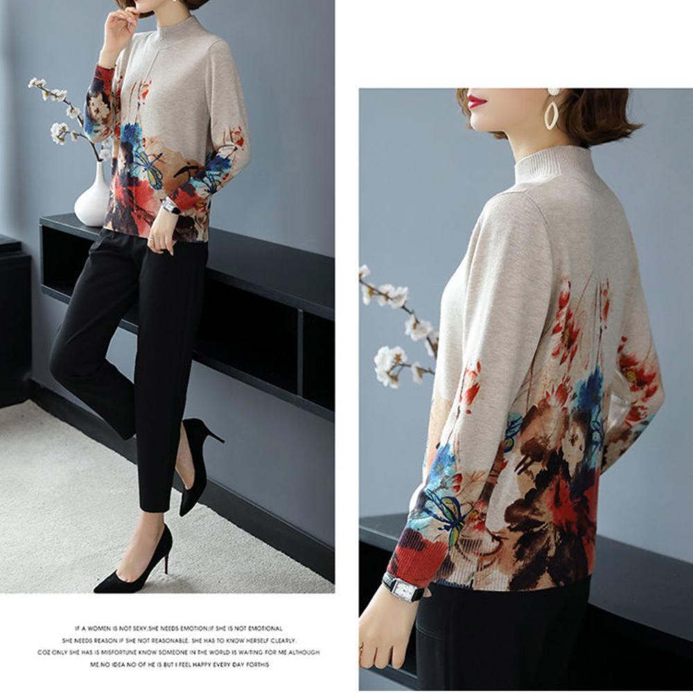 Hřejivý vlněný svetr pro ženy středního věku, podzimní zimní top s polopropínacím límcem