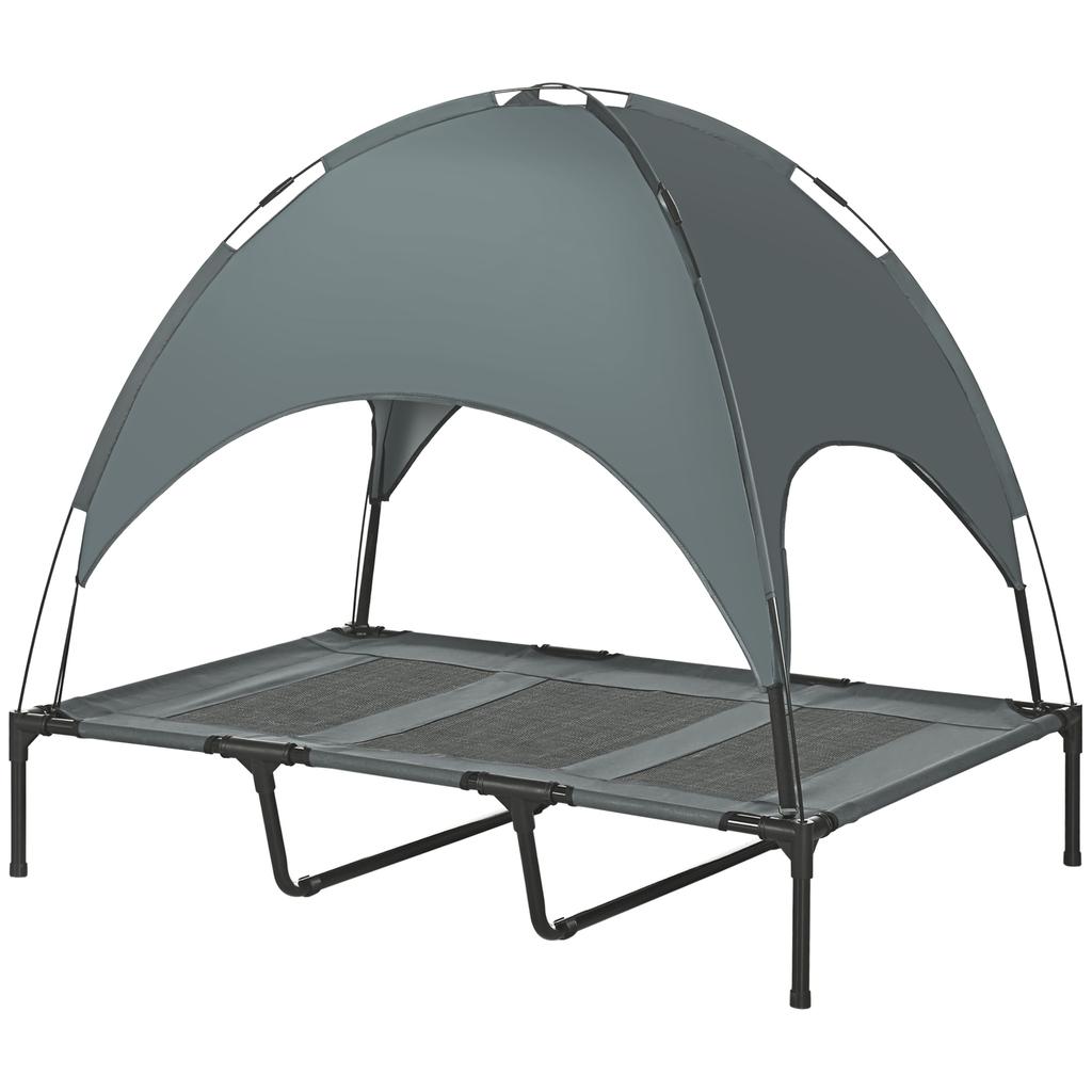 Elevated Dog Bed with Canopy, Outdoor Pet Lounger, Taffeta Fabric, Grey, 122 x 92 x 108 cm