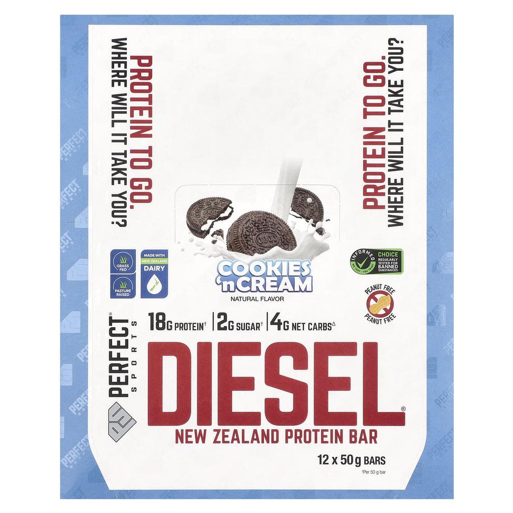 Perfect Sports Diesel, Barre Protéinée Nouvelle-Zélande, Cookies & Crème, 12 Barres, 50g Chacune