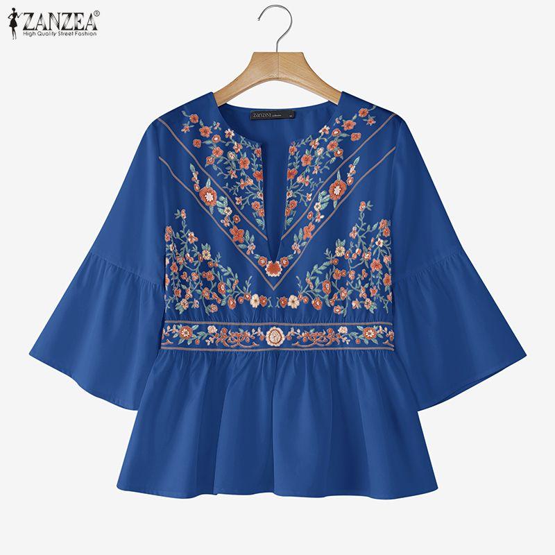 

ZANZEA Women Round Neck Floral Print Loose 3/4 Sleeve Ruffled Blouse 5XL