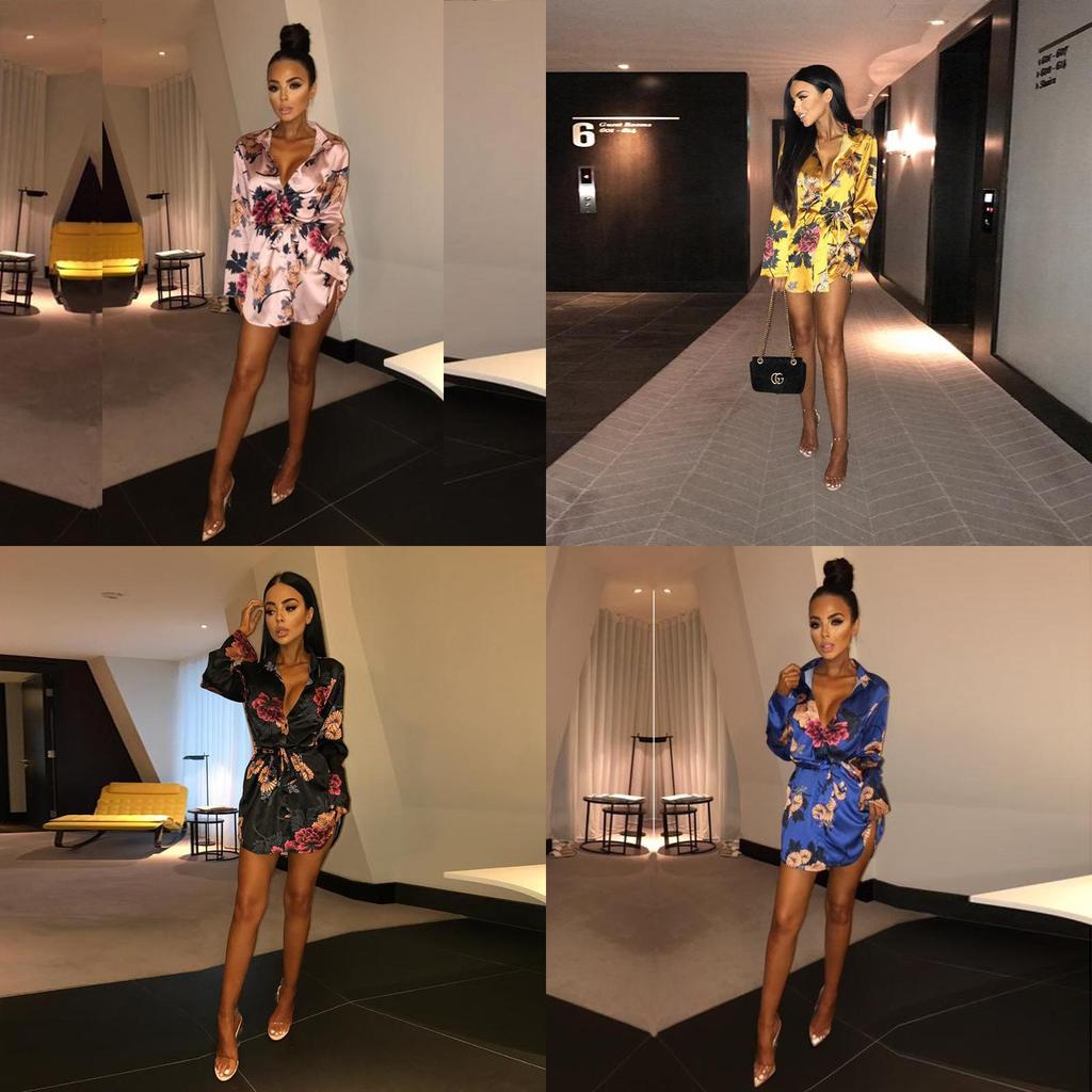 Elegant Women's Fashion Satin Floral Print Shirt Mini Dress Perfect For Casual Occasions