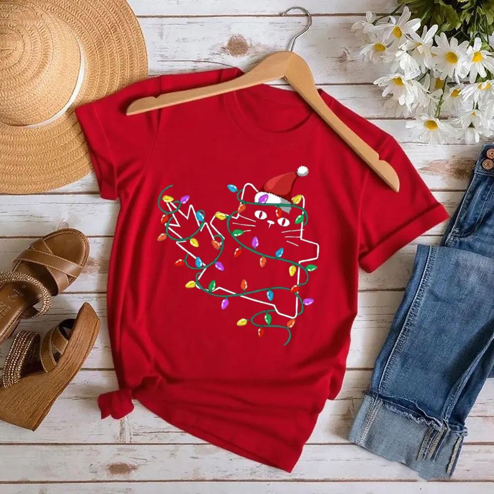 Black Cat Christmas Tree Light Fun Christmas Cat Tshirt New Casual Simple Versatile Womens Short sleeved Tshirt S