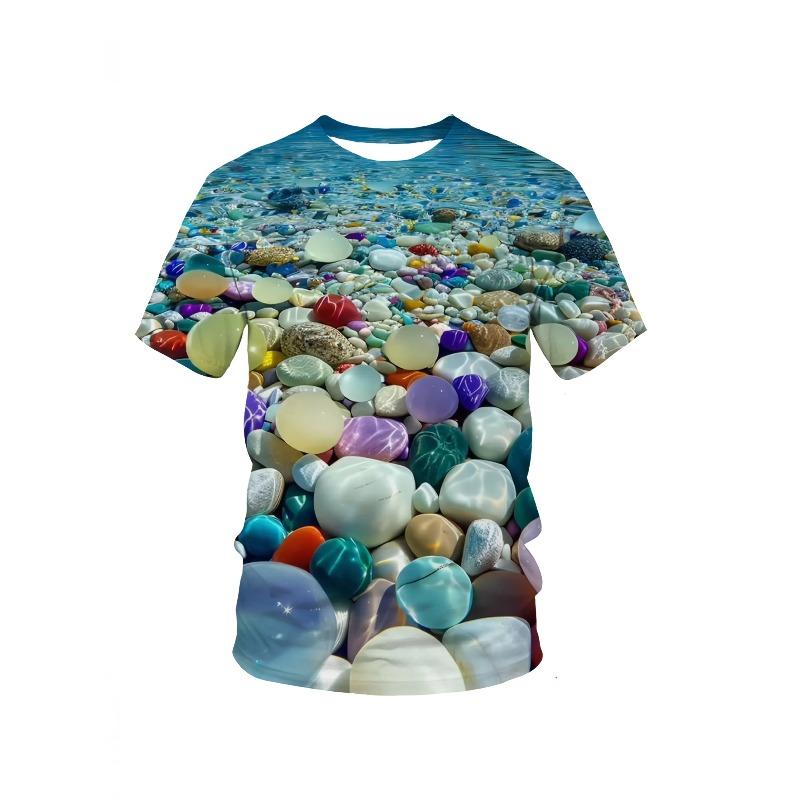 Men's 3D Colorful Glossy Pebble Underwater Print T-Shirt Crew Neck Short Sleeve Ocean Scenery Casual Summer Tee Top