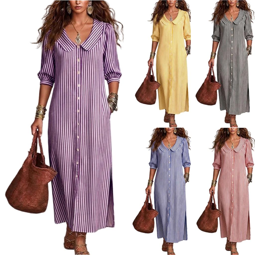 Damen Locker Geschnittenes Gestreiftes Kleid mit Puppenkragen Langarm Knopfleiste Vorne Langes Maxikleid für Alltag Büro Reisen