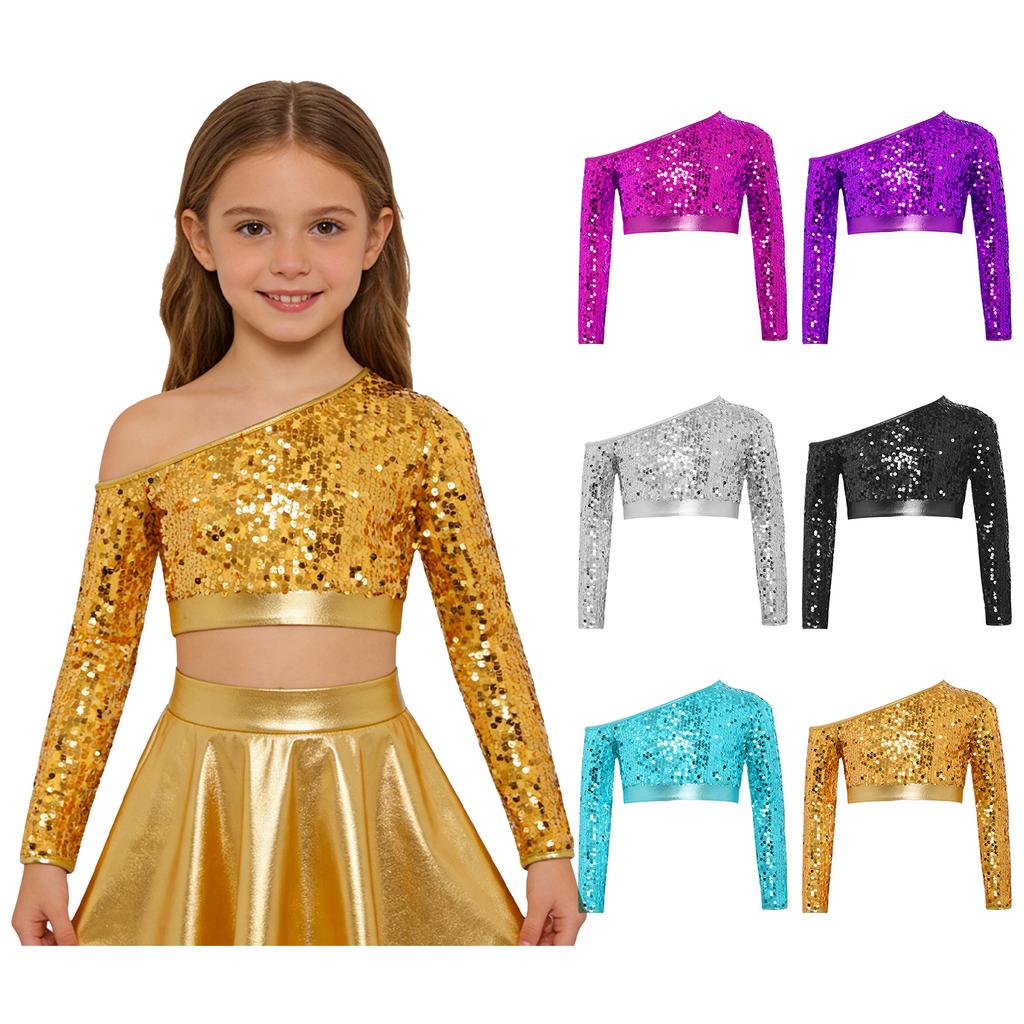 Girls Jazz Dance One Shoulder Long Sleeve Sequins Top Performance Competition Costume