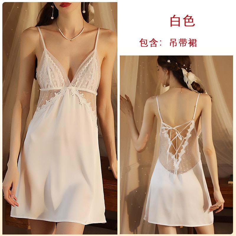 Autumn and winter satin mesh sexy suspender nightgown pajamas, women s sexy nightgown loungewear S