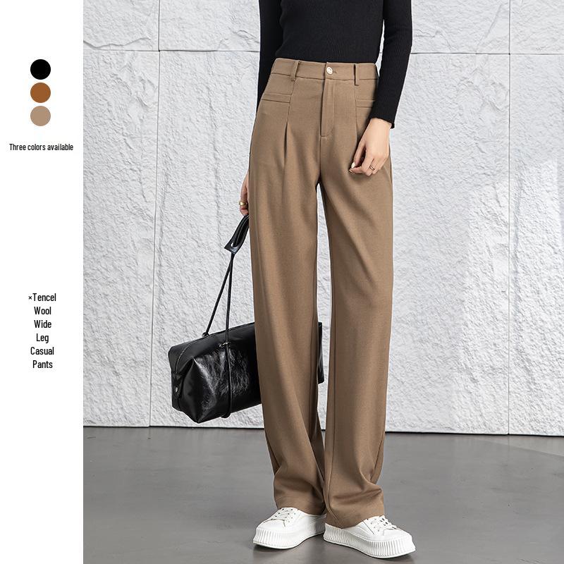 

Женские брюки Xin Ge с высокой талией из тенселя и шерсти длиной до пола с широкими штанинами 28