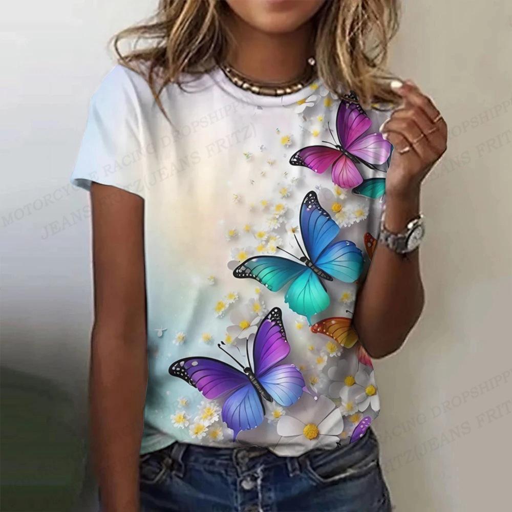 Summer Round Neck 3D Butterfly Flower Pattern Printed Top Fashionable Casual Short Sleeved Women's T-shirts