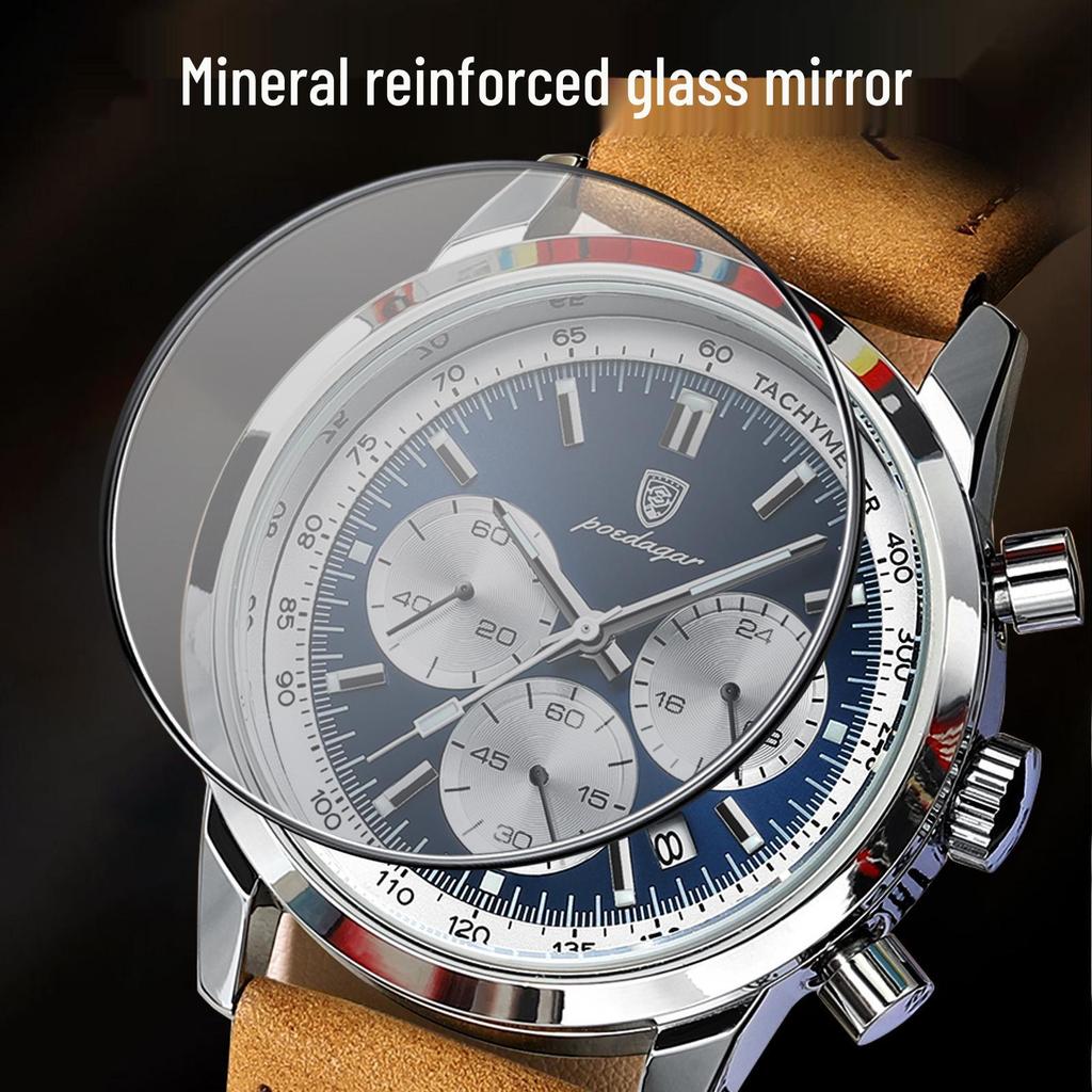 POEDAGAR Bai Da Qie Multifunctional Men's Sports Quartz Watch - Leather Strap, Stopwatch, Waterproof 921