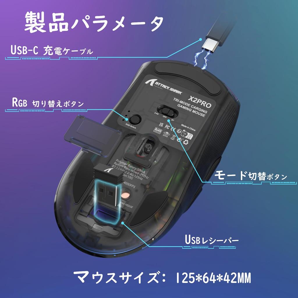 MAMBASNAKE x ATTACK SHARK X2PRO Gaming Transparent Skeleton PixArt Wireless RGB RGB Charging Stand 500mAh Compatible with and Android Retailer Black