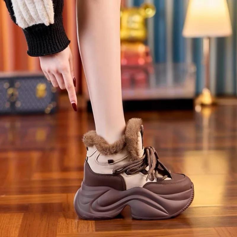 Fashion Winter Women's Boots Warm Increase Height Prevent Slipping Outdoor Snow Boots Comfortable Plush New High Top Lace Up Sneakers