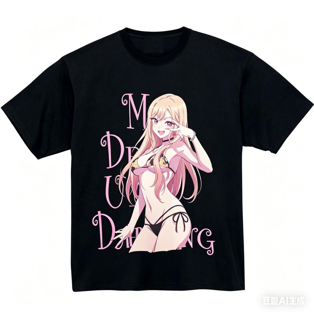 2026 Summer My Dressup Darling Single Black Tshirt Marin Demon Cosplay Heart Anime Oversized Cotton Tee For Otaku Fans